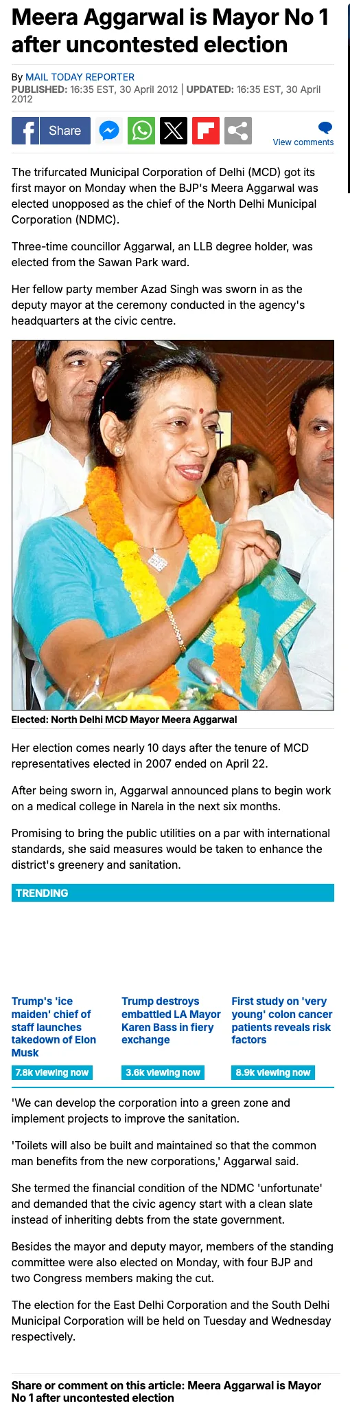 The Daily Mail article in full, with Mail Today's photograph of the newly elected Mayor, preserved from the Internet Archive
