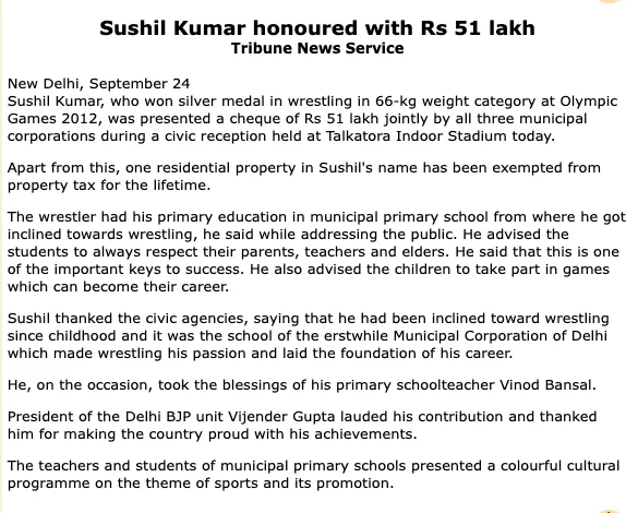 The Tribune's full report of the felicitation, Delhi edition of 25 September 2012